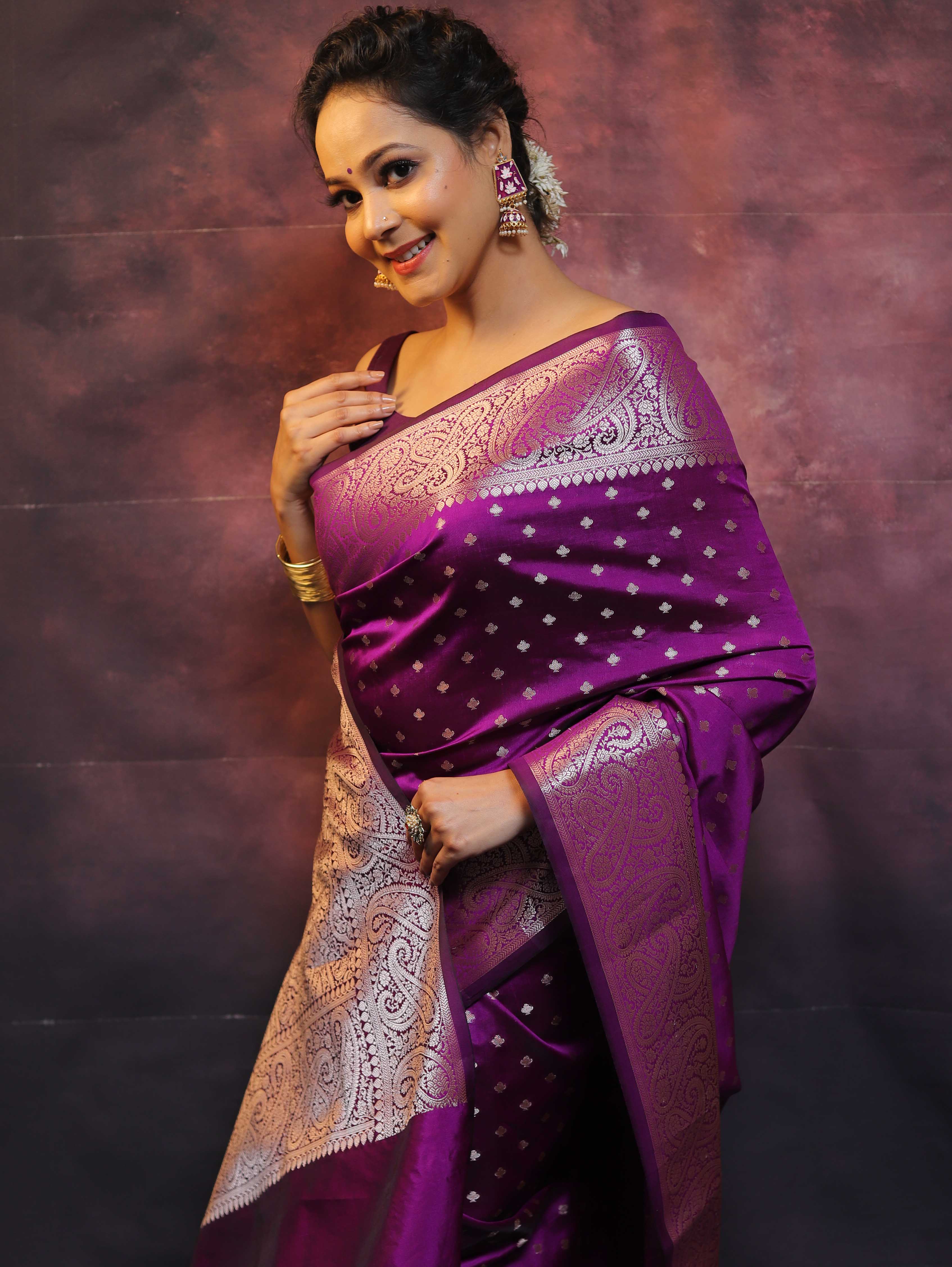 Banarasee Handwoven Semi Silk Saree With Zari Work-Violet