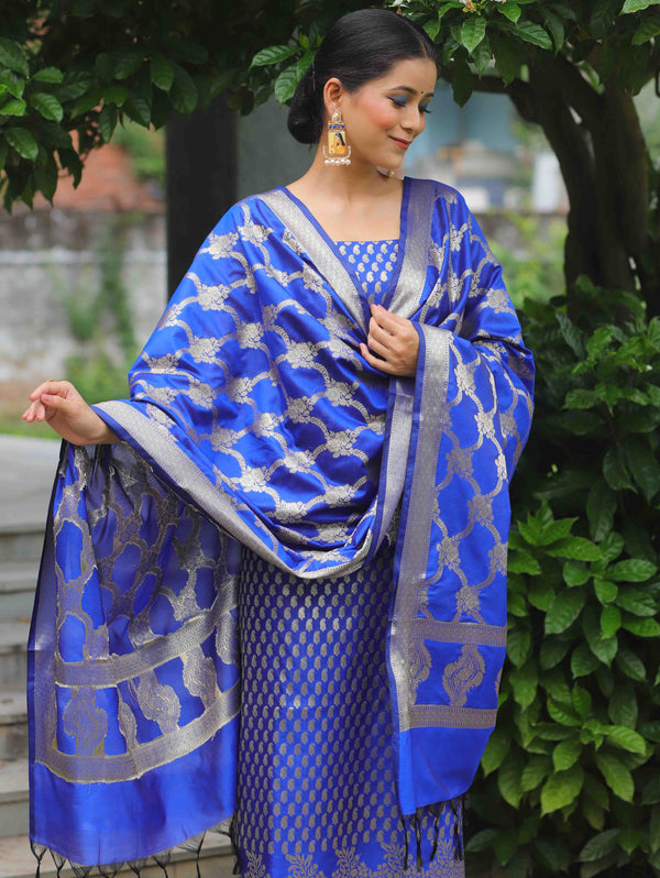 Banarasee Salwar Kameez Semi Katan Silk Fabric With Zari Work Cobalt B