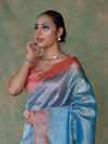 Banarasee Handwoven Crushed Tissue Saree With Mirror Work & Contrast Border-Sky Blue