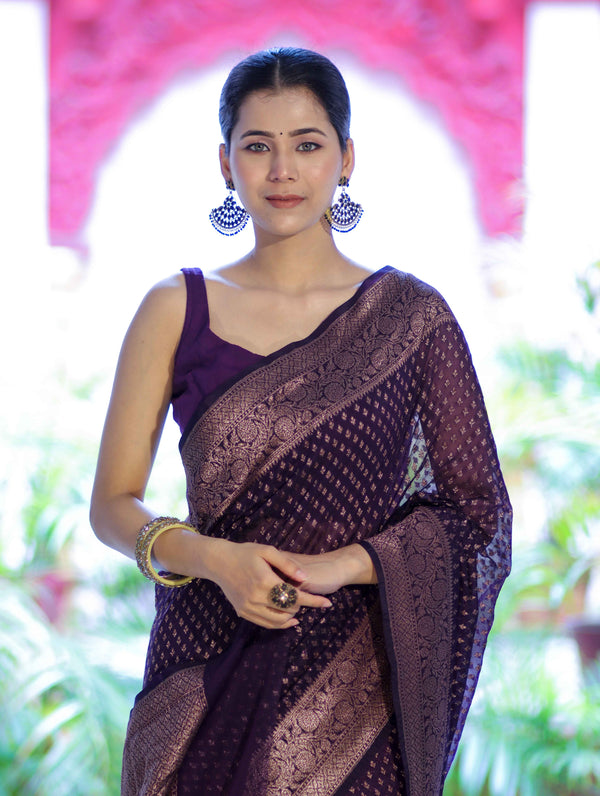 Banarasee Semi-Chiffon Saree With Antique Gold Zari Work-Violet