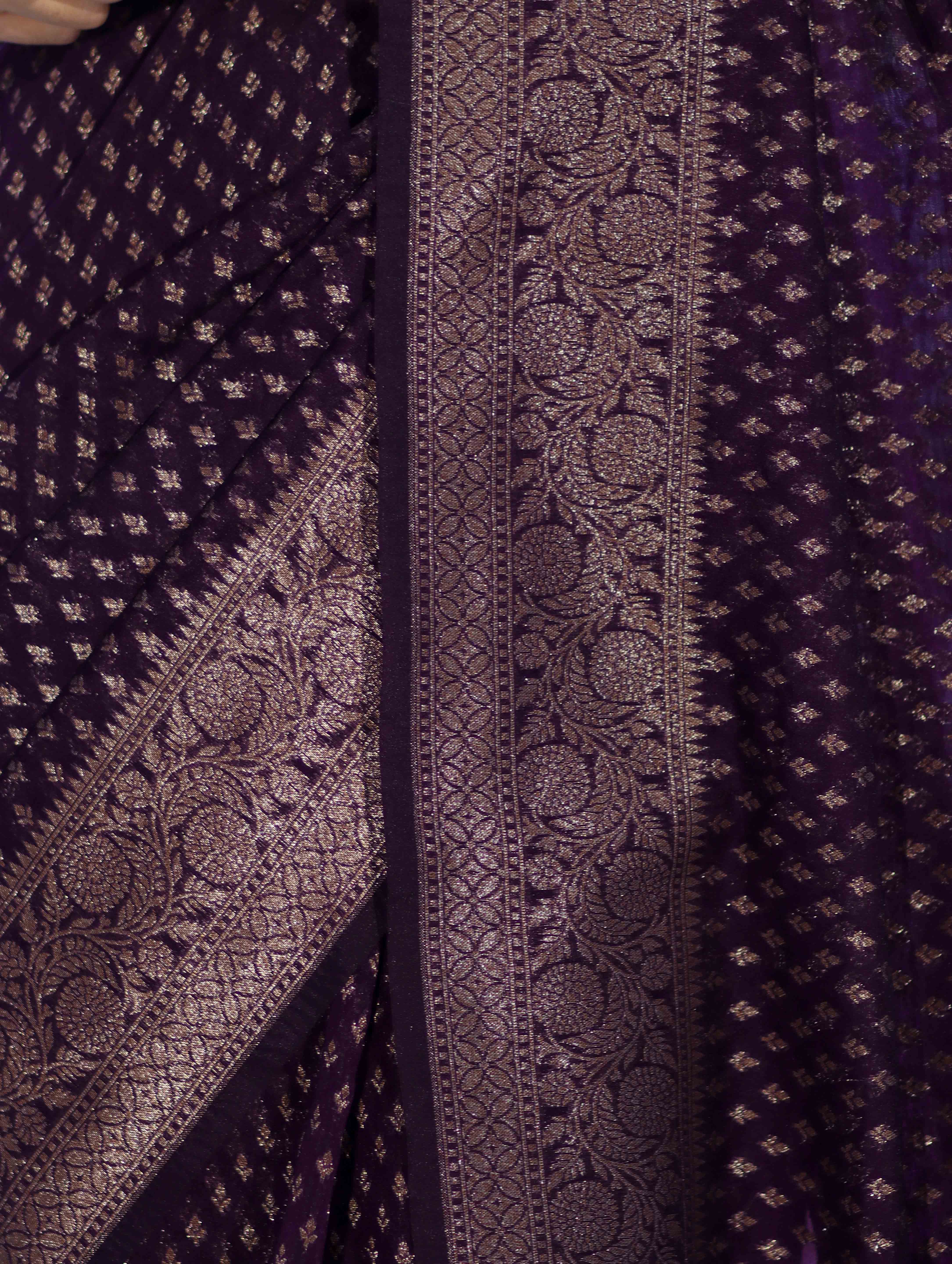 Banarasee Semi-Chiffon Saree With Antique Gold Zari Work-Violet