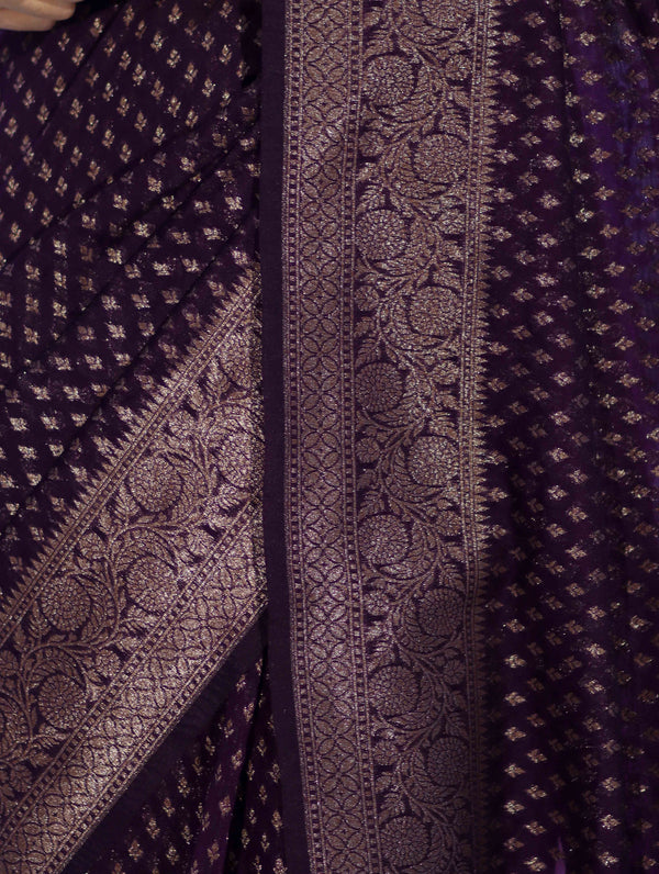Banarasee Semi-Chiffon Saree With Antique Gold Zari Work-Violet