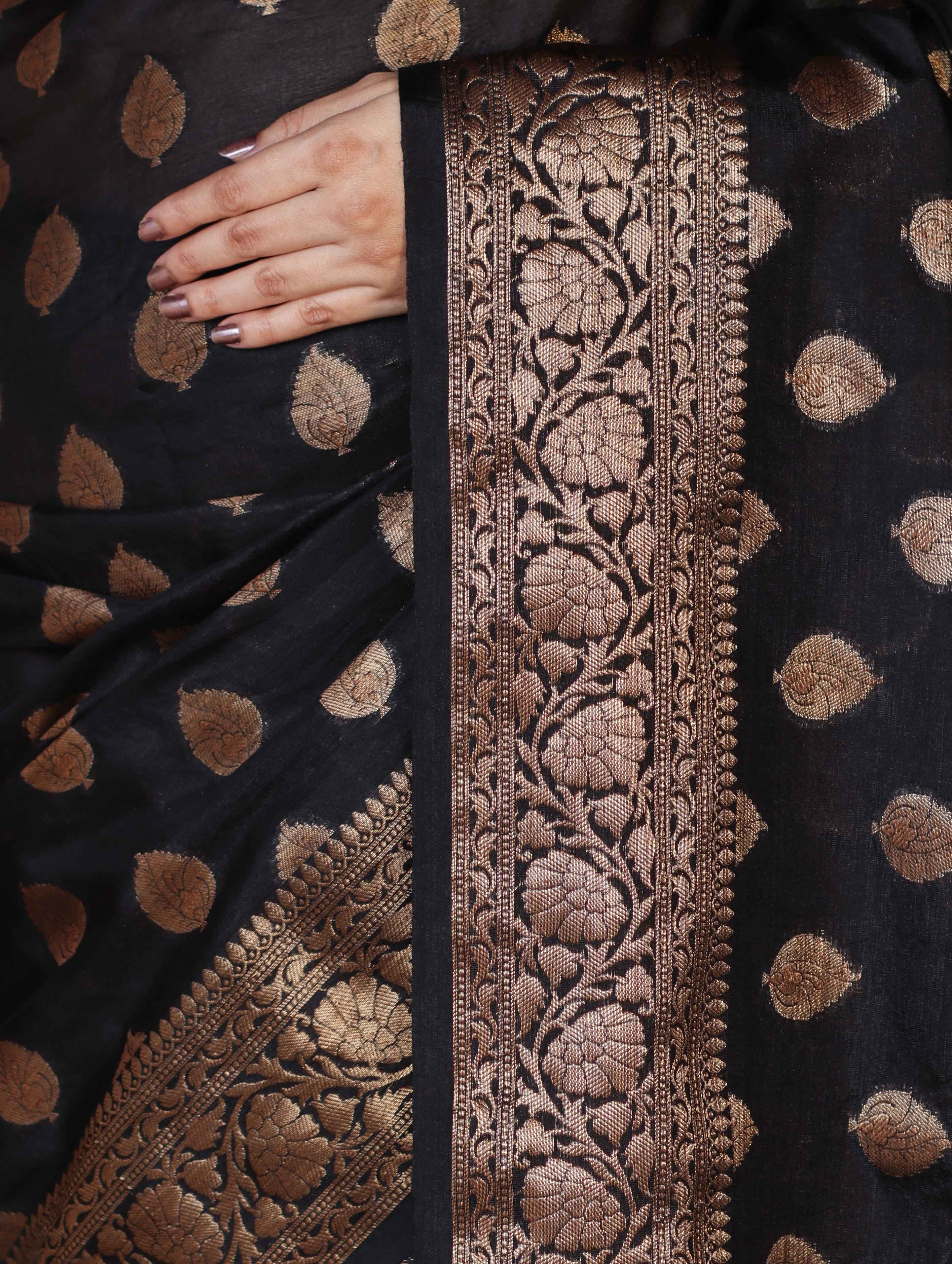 Banarasee Handloom Georgette Saree With Zari Buta Work & Border-Black