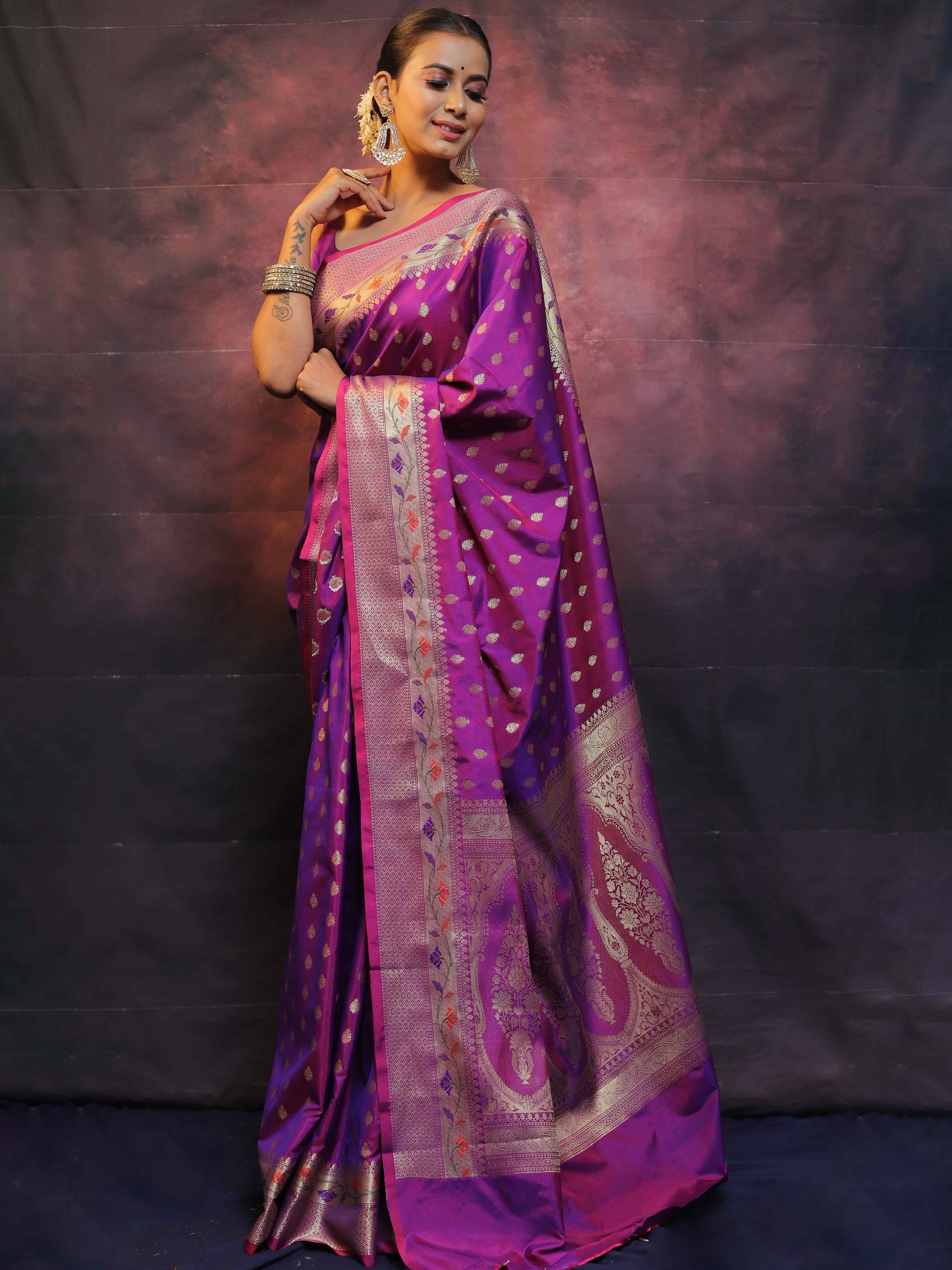 Banarasee Handwoven Semi Silk Saree With Zari Buti Design-Violet