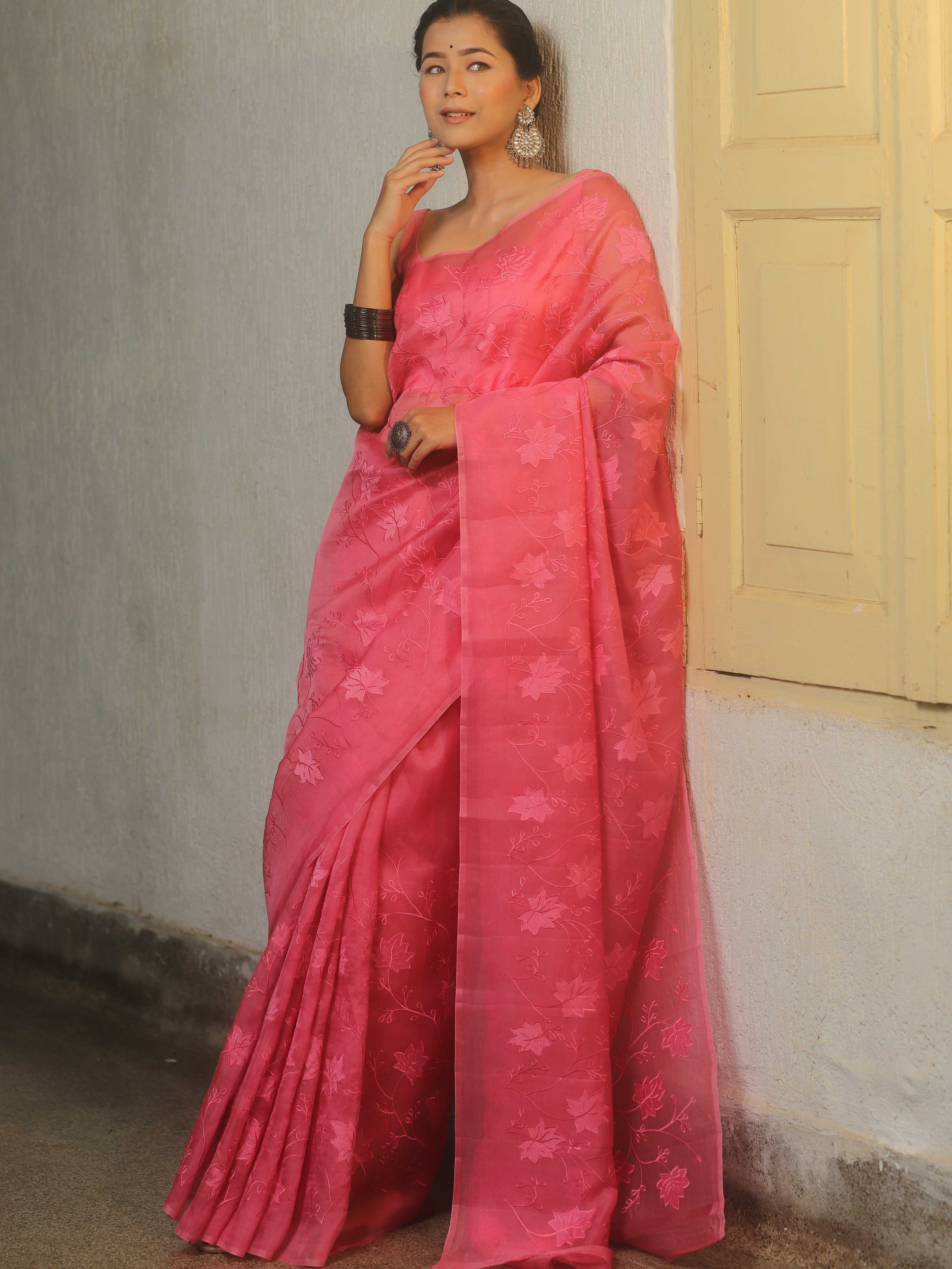 Banarasee Organza Mix Applique Work Saree-Pink