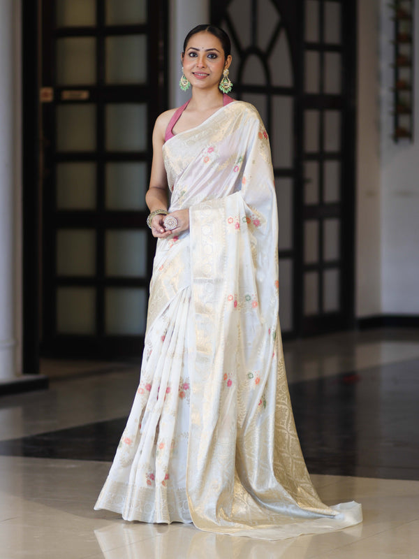 Banarasee Handloom Pure Chiniya Silk Saree With Zari Meena Work-Off White