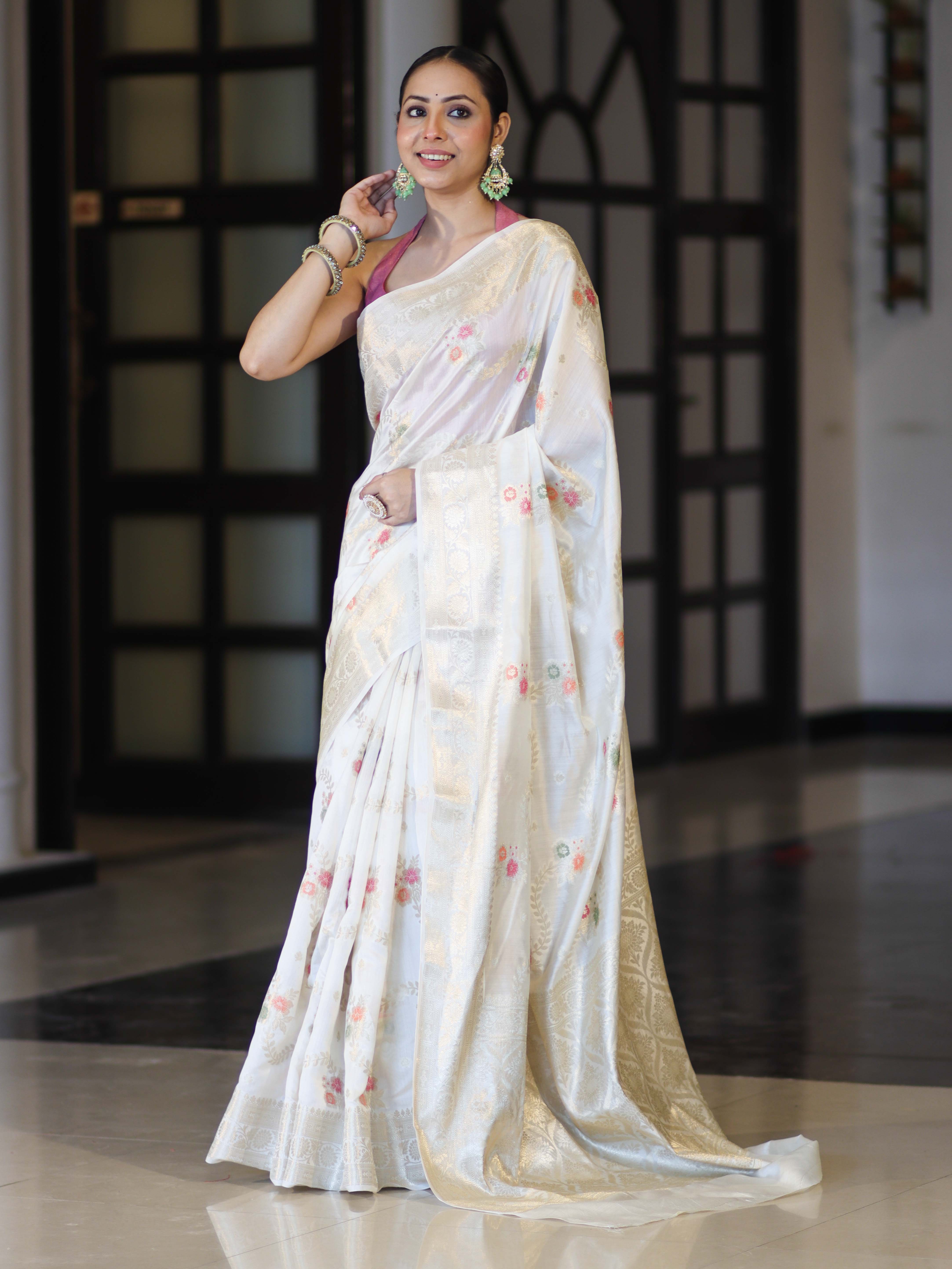 Banarasee Handloom Pure Chiniya Silk Saree With Zari Meena Work-Off White