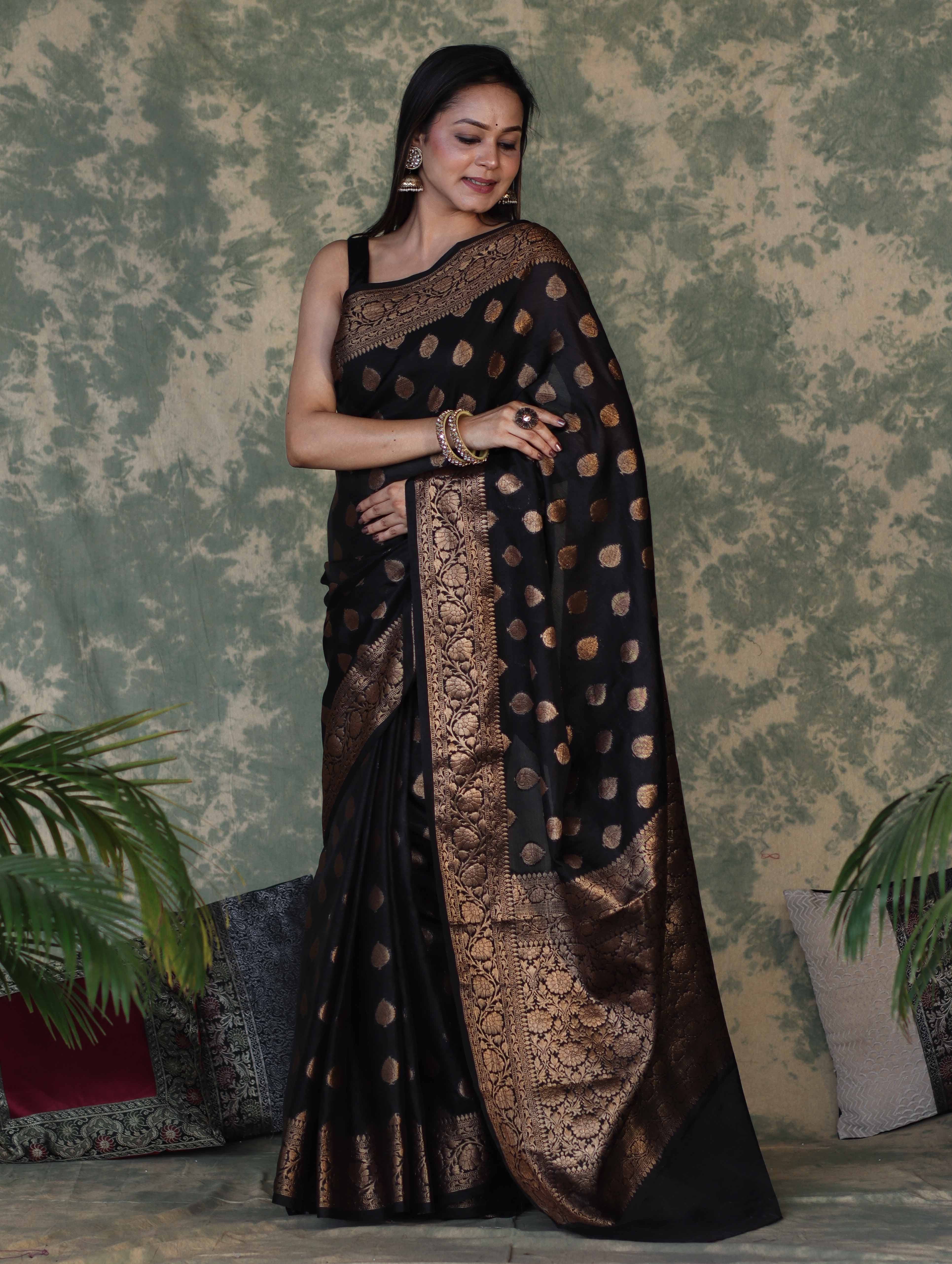 Banarasee Handloom Georgette Saree With Zari Buta Work & Border-Black