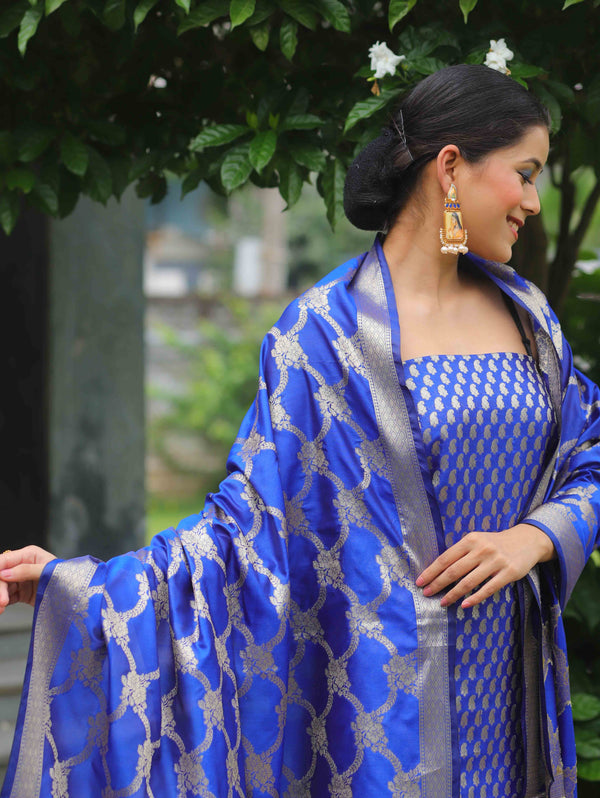 Banarasee Salwar Kameez Semi Katan Silk Fabric With Zari Work-Cobalt Blue