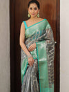 Banarasee Organza Mix Saree With Zari Work & Contrast Border-Grey & Green