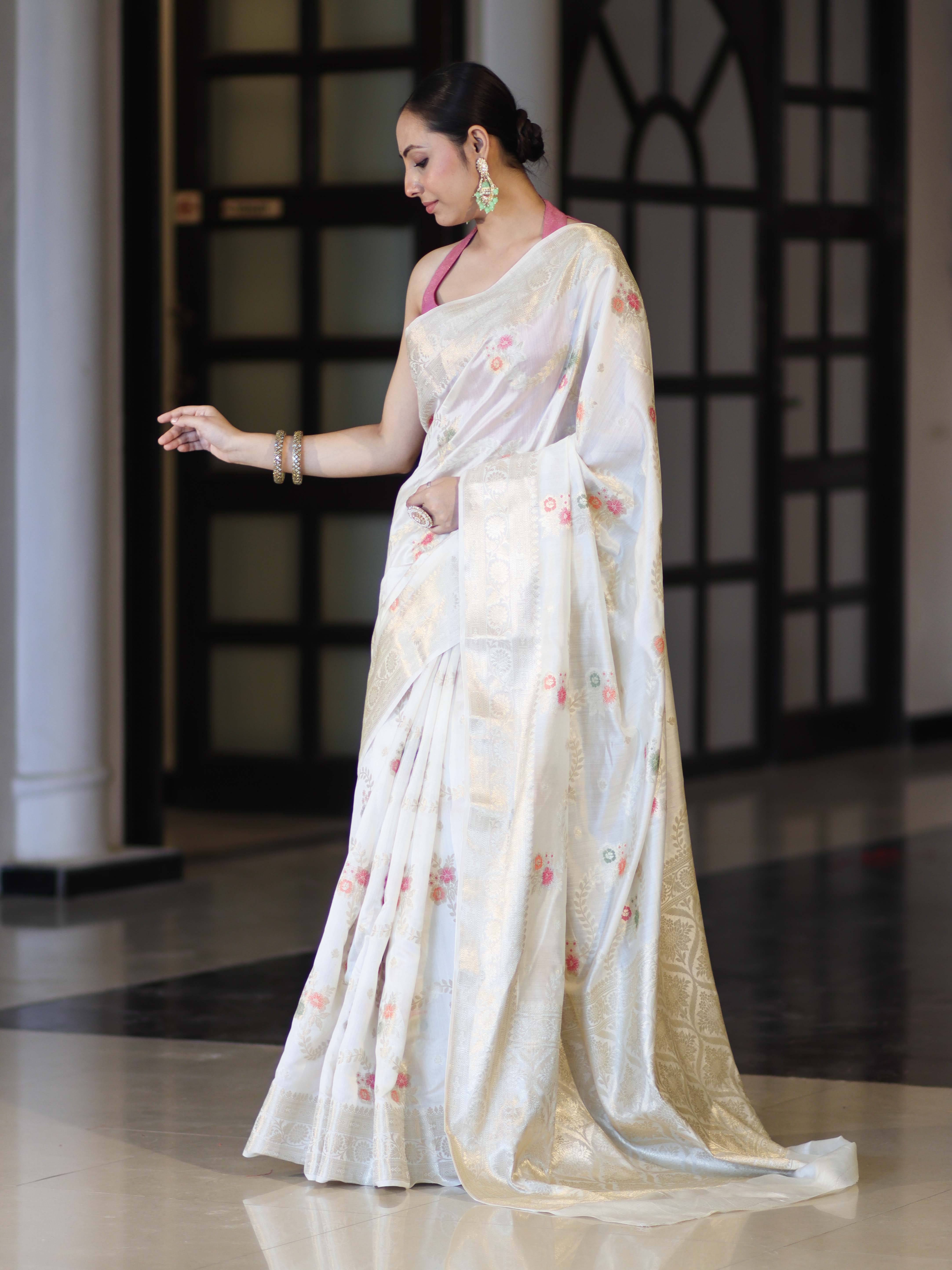 Banarasee Handloom Pure Chiniya Silk Saree With Zari Meena Work-Off White