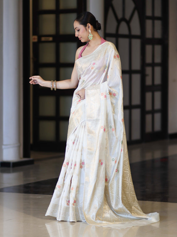 Banarasee Handloom Pure Chiniya Silk Saree With Zari Meena Work-Off White