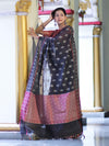 Banarasee Handloom Cotton Silk Saree With Resham Work & Contrast Border-Grey & Black