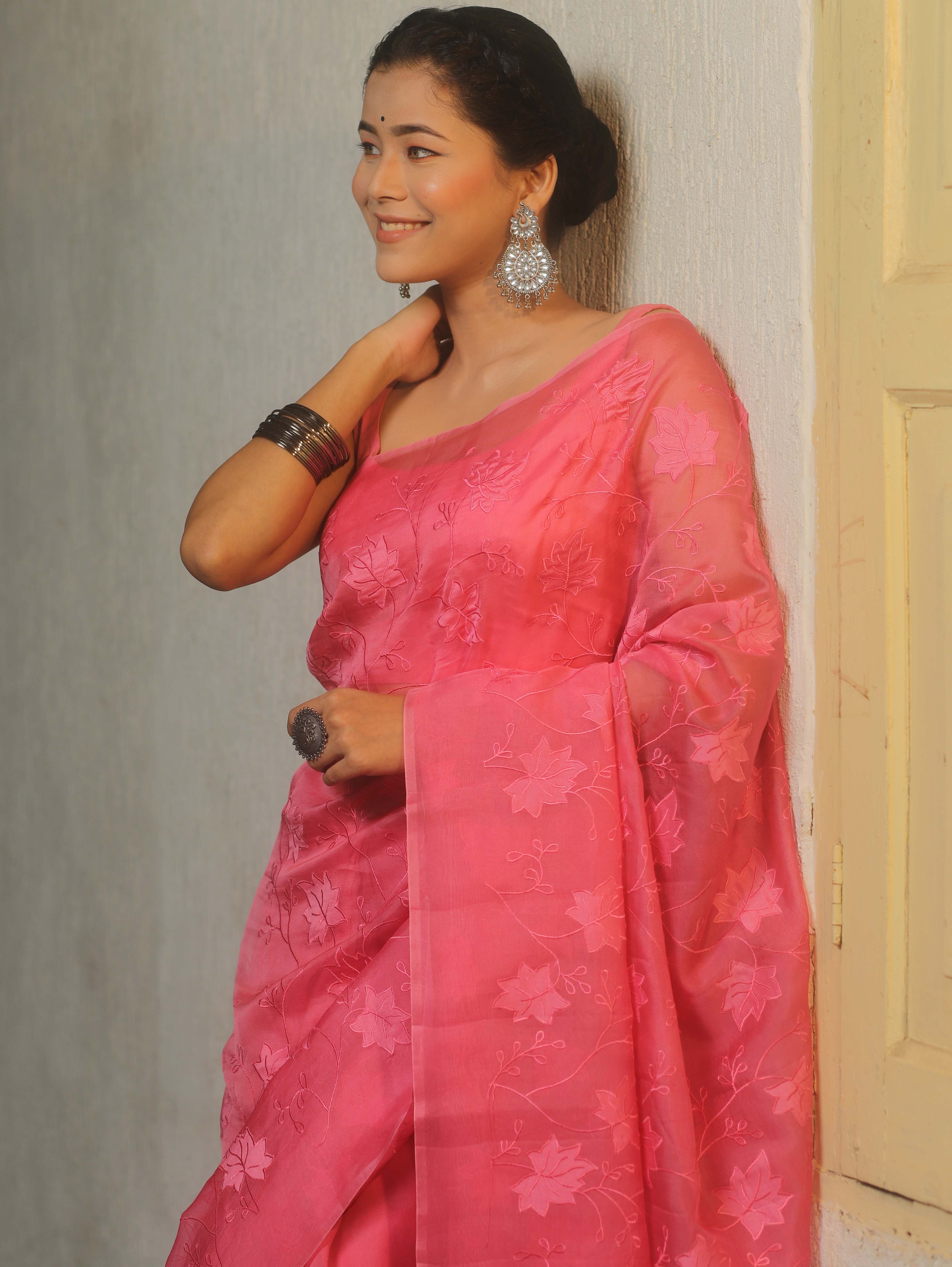 Banarasee Organza Mix Applique Work Saree-Pink
