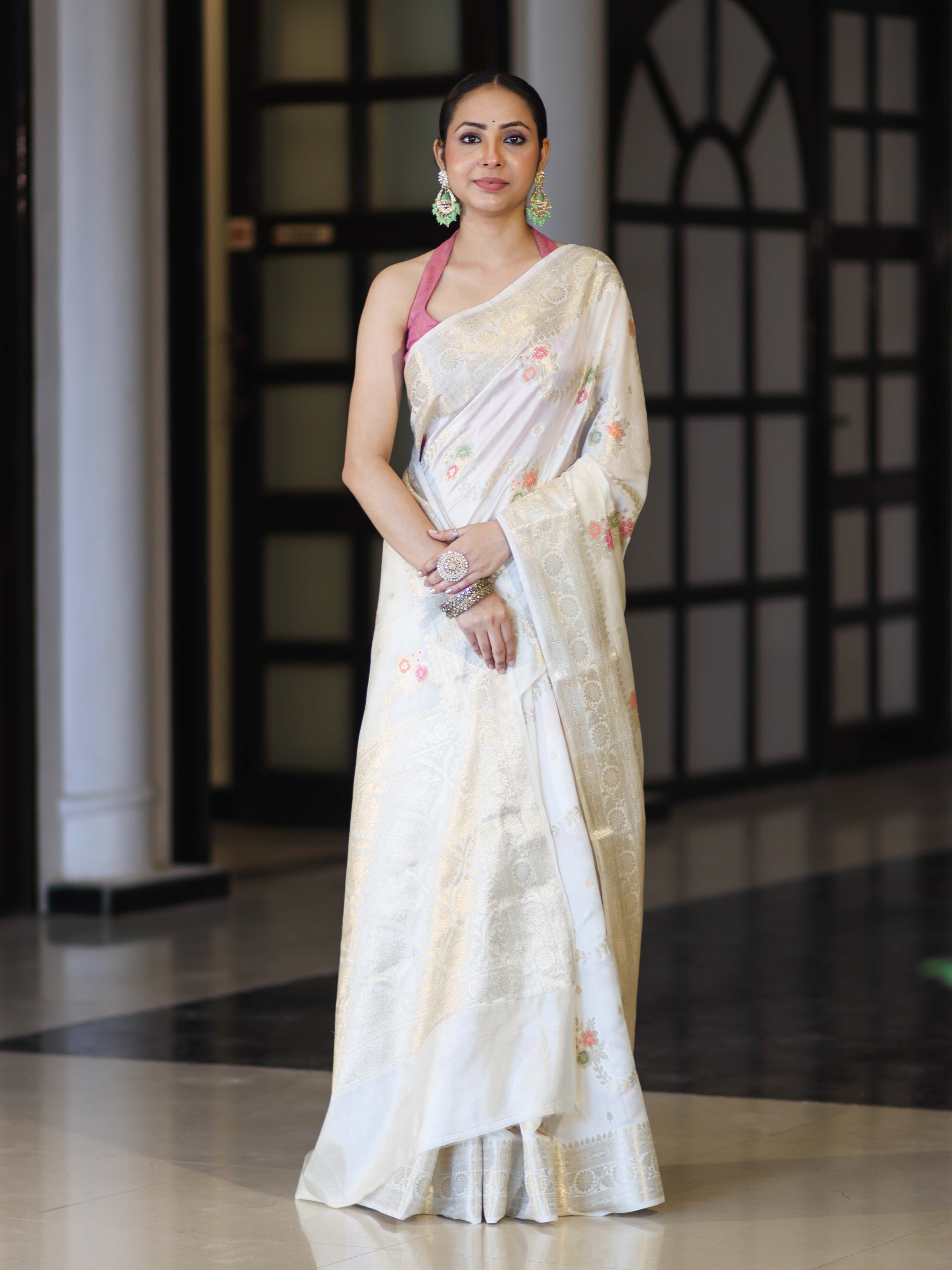 Banarasee Handloom Pure Chiniya Silk Saree With Zari Meena Work-Off White
