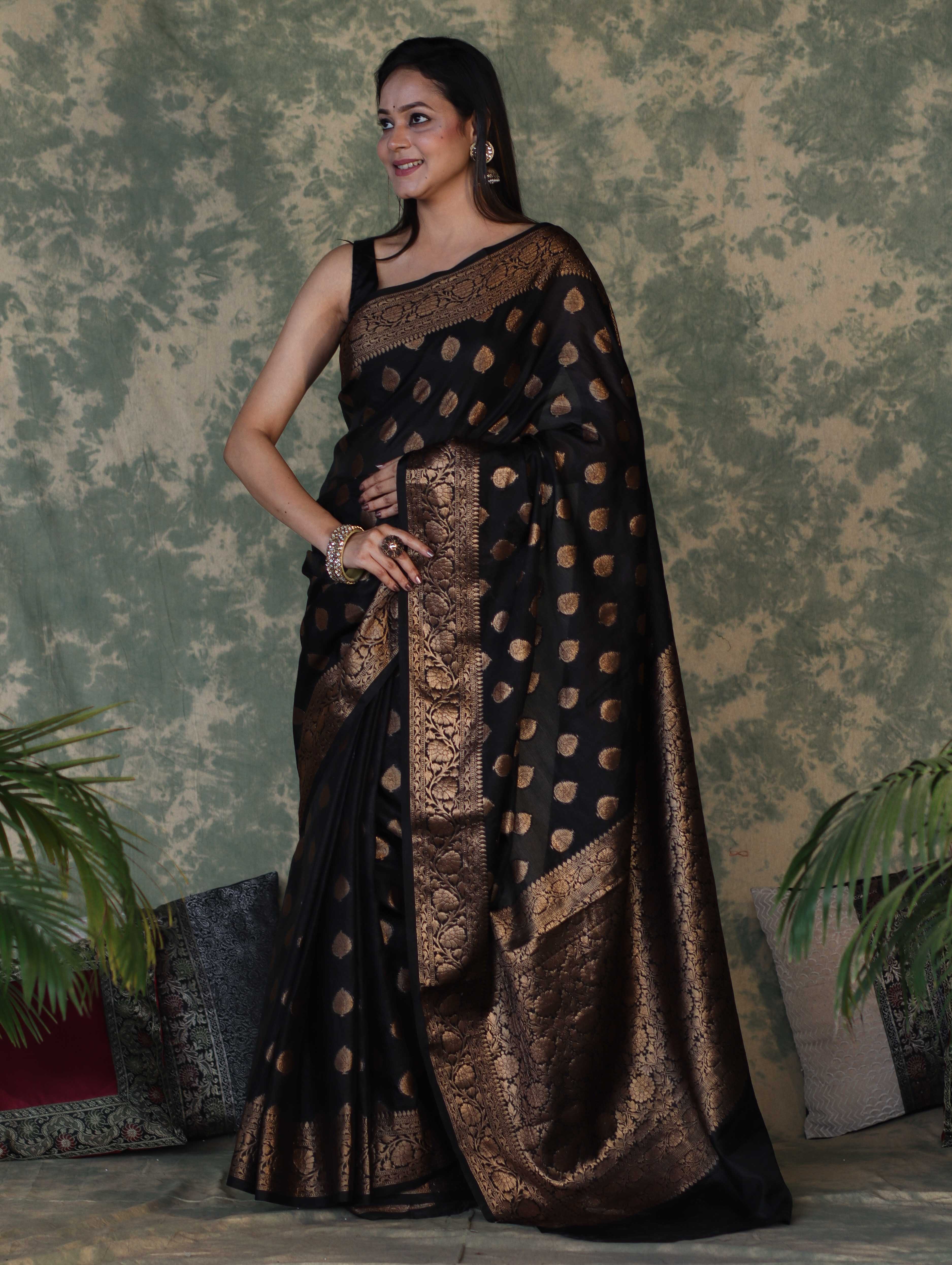 Banarasee Handloom Georgette Saree With Zari Buta Work & Border-Black