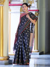 Banarasee Handloom Cotton Silk Saree With Resham Work & Contrast Border-Grey & Black