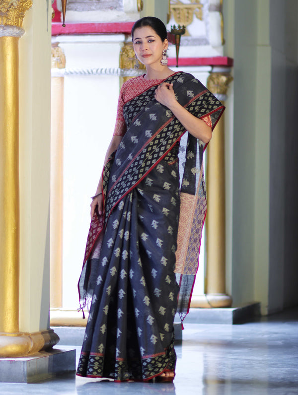 Banarasee Handloom Cotton Silk Saree With Resham Work & Contrast Border-Grey & Black