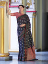 Banarasee Handloom Cotton Silk Saree With Resham Work & Contrast Border-Grey & Black