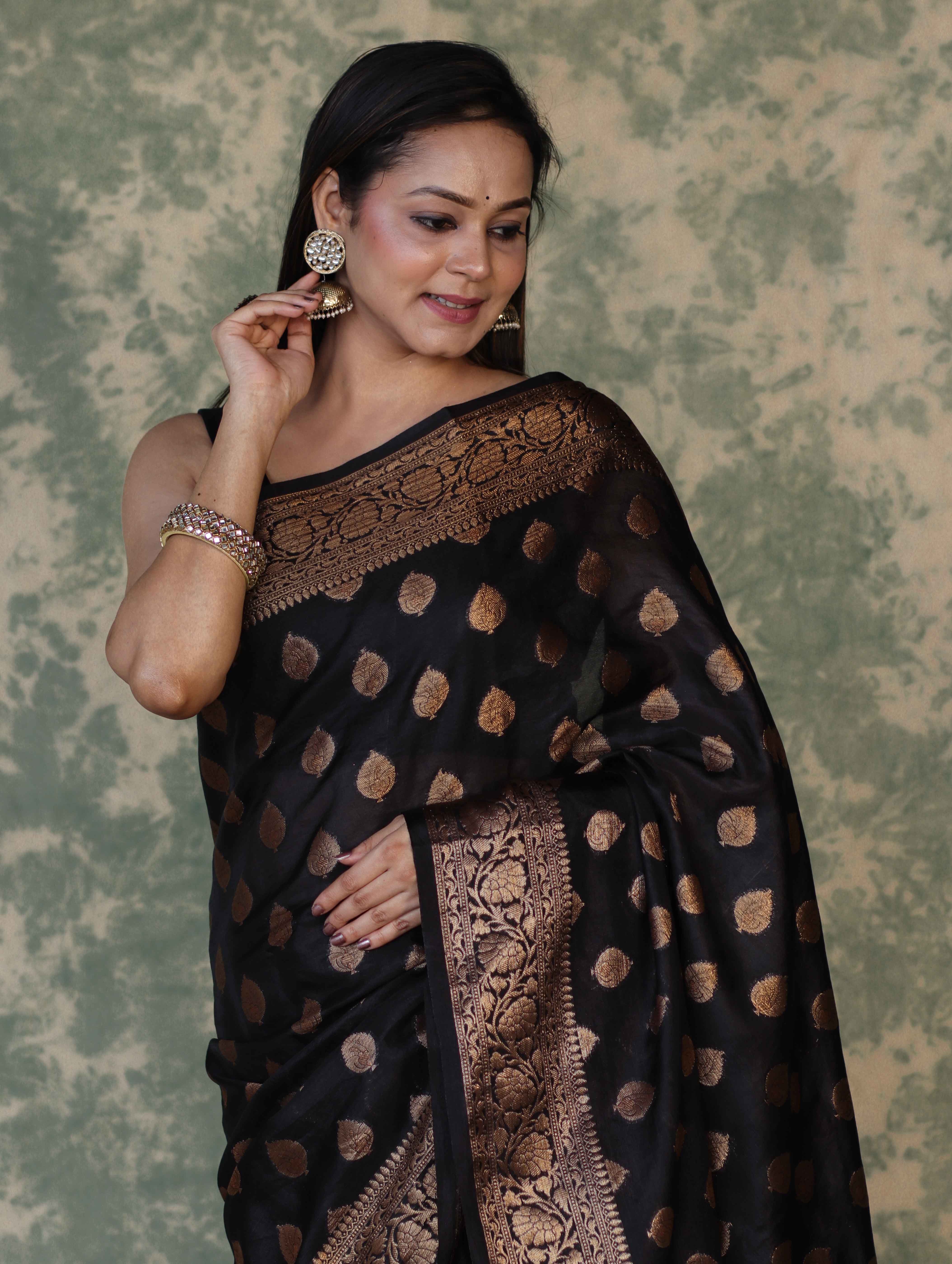 Banarasee Handloom Georgette Saree With Zari Buta Work & Border-Black