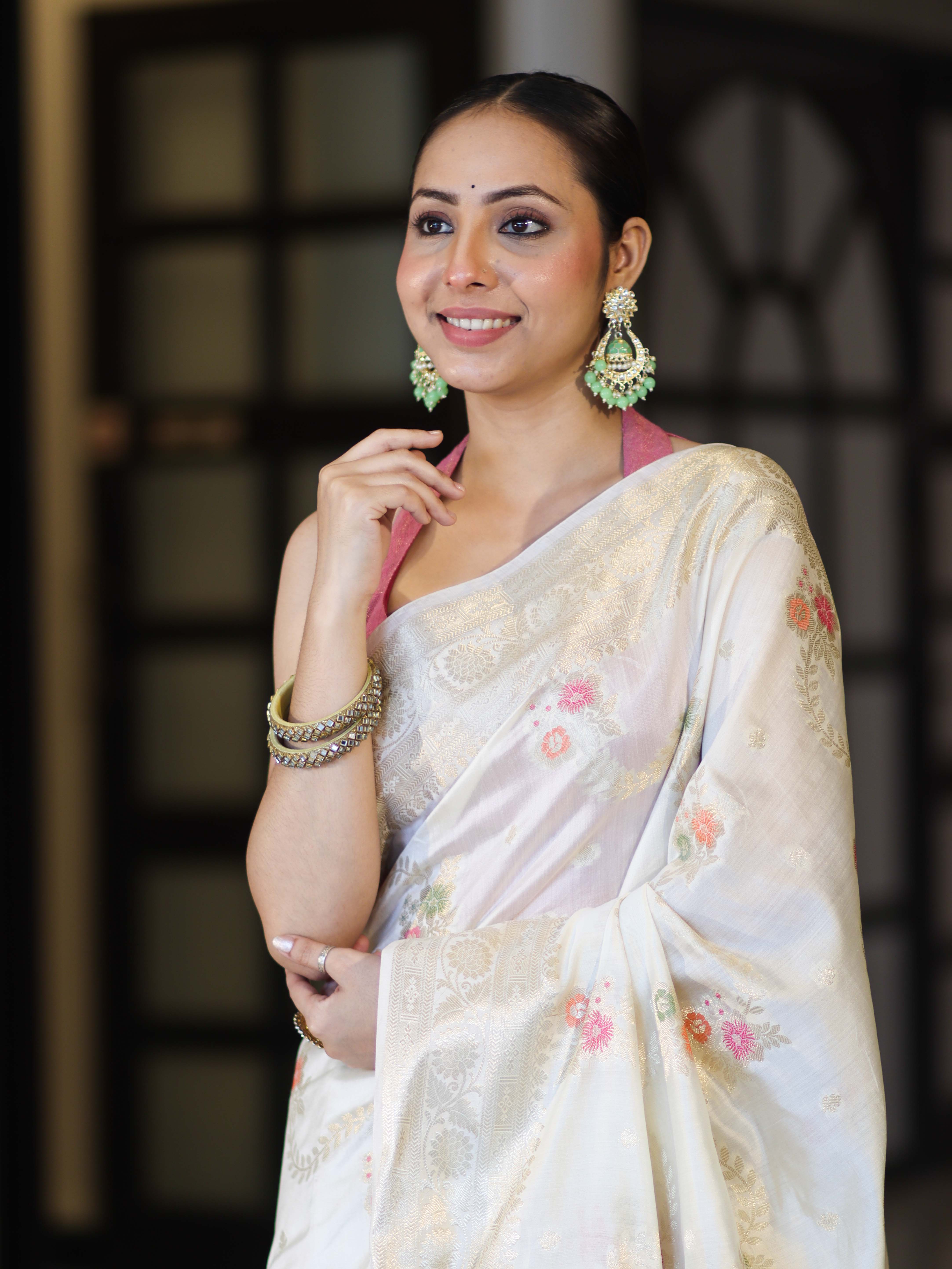 Banarasee Handloom Pure Chiniya Silk Saree With Zari Meena Work-Off White