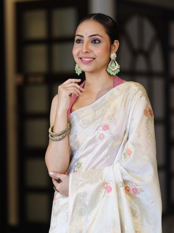 Banarasee Handloom Pure Chiniya Silk Saree With Zari Meena Work-Off White