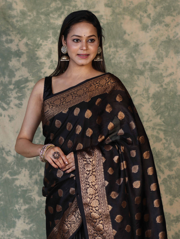 Banarasee Handloom Georgette Saree With Zari Buta Work & Border-Black