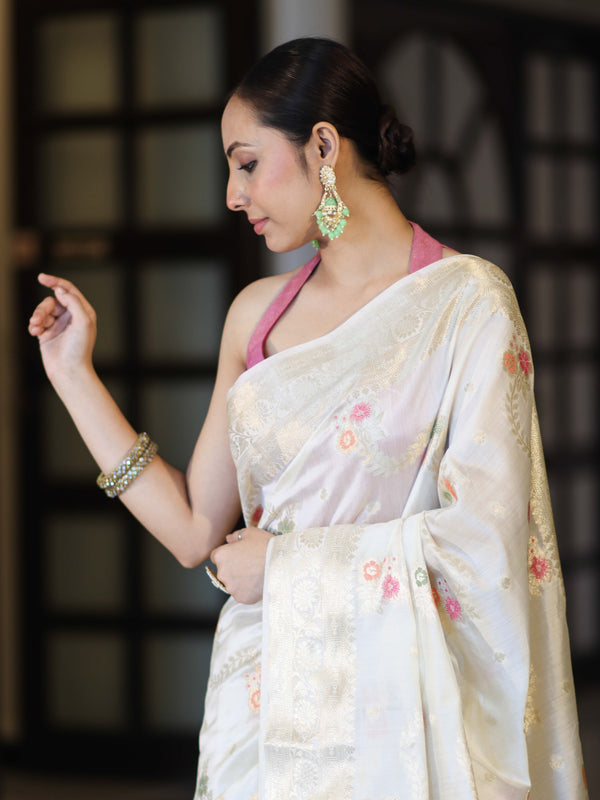 Banarasee Handloom Pure Chiniya Silk Saree With Zari Meena Work-Off White