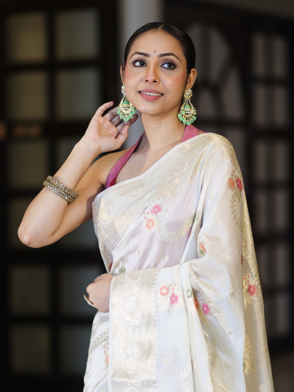 Banarasee Handloom Pure Chiniya Silk Saree With Zari Meena Work-Off White