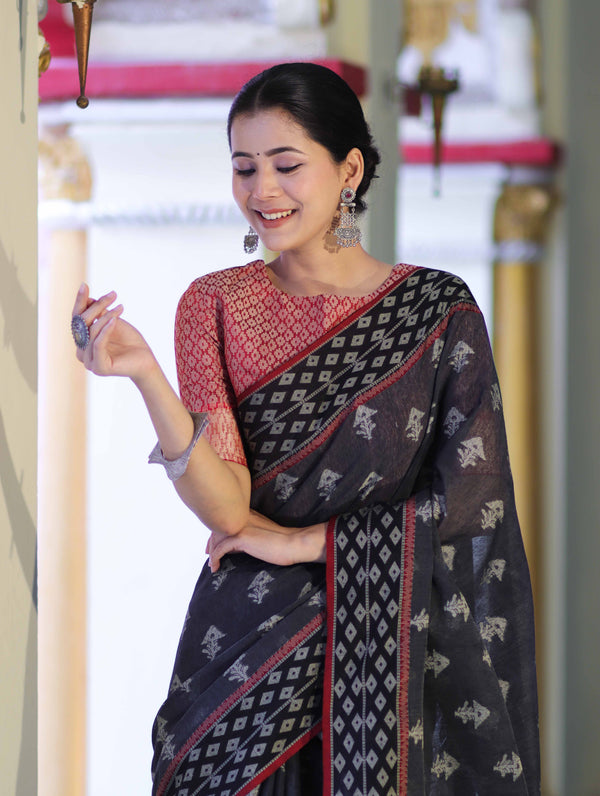 Banarasee Handloom Cotton Silk Saree With Resham Work & Contrast Border-Grey & Black