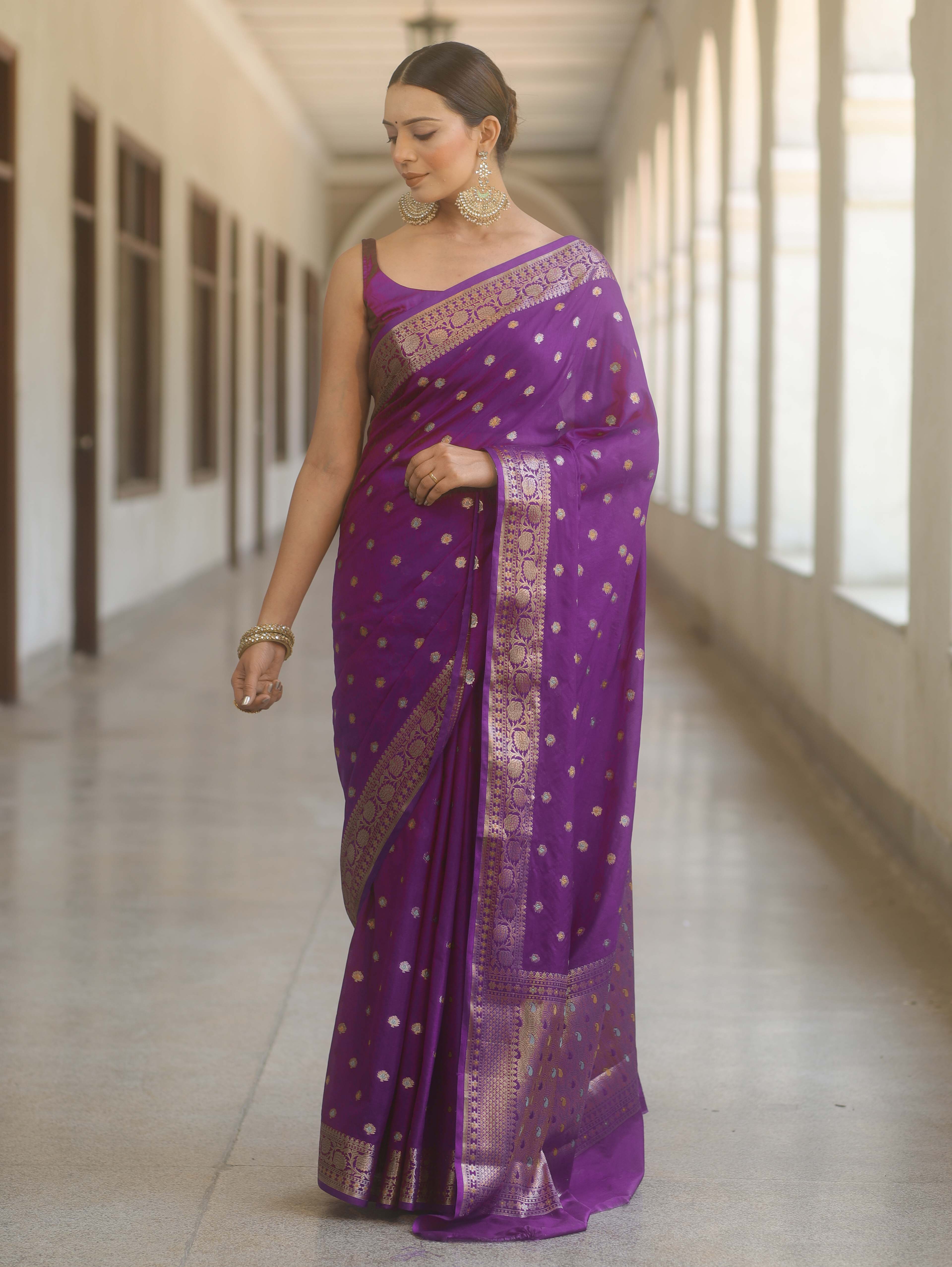 Banarasee Handwoven Semi Silk Saree With Zari Buti Design-Violet