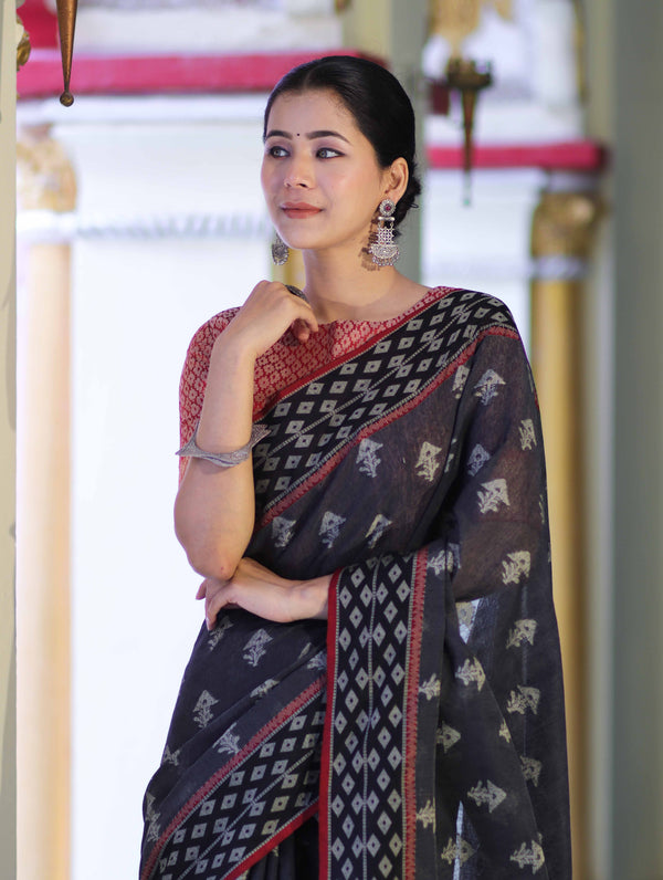 Banarasee Handloom Cotton Silk Saree With Resham Work & Contrast Border-Grey & Black
