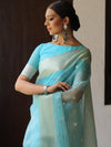 Banarasee Organza Mix Saree With Silver Zari Buta & Border-Light Blue