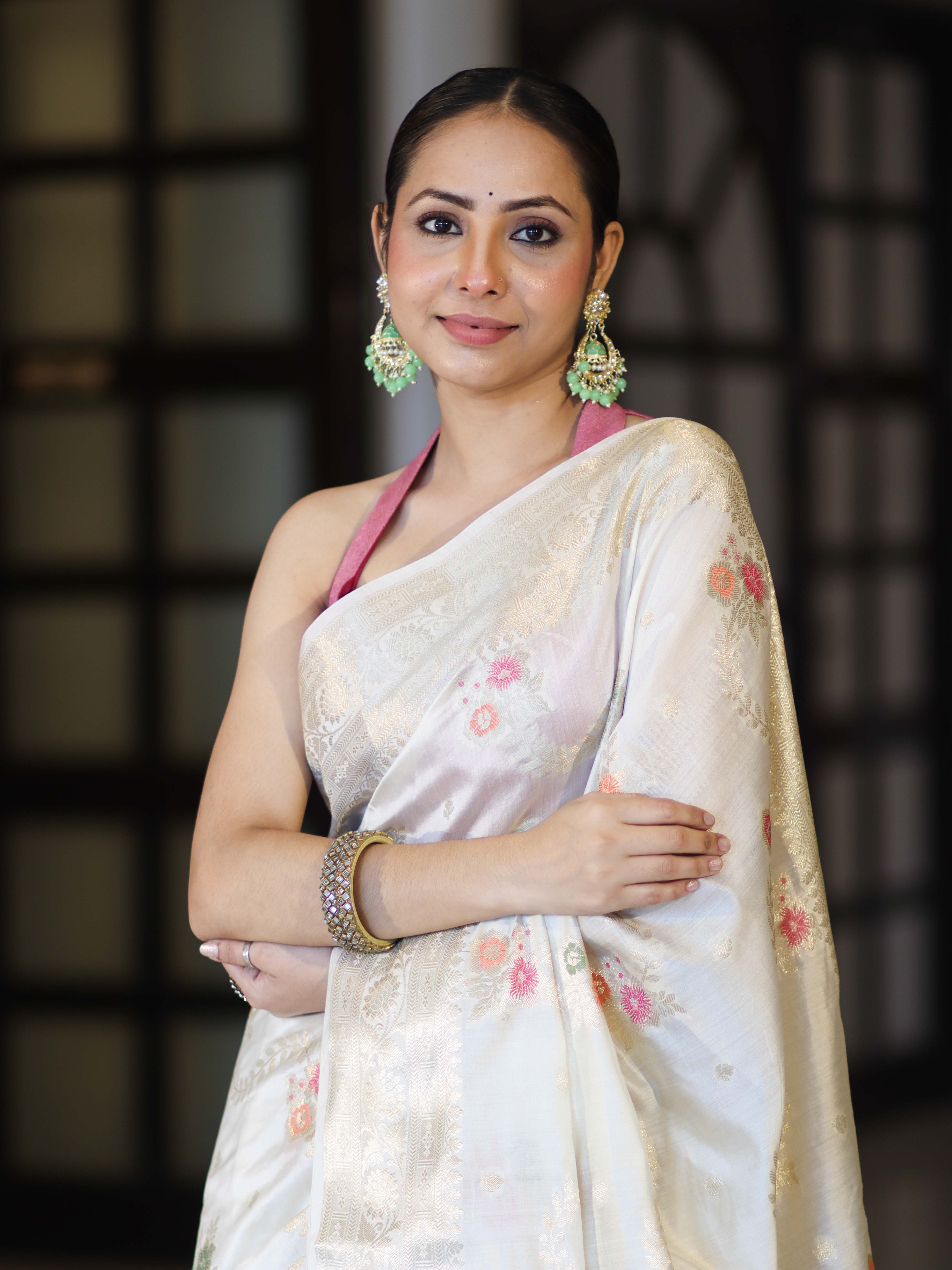 Banarasee Handloom Pure Chiniya Silk Saree With Zari Meena Work-Off White