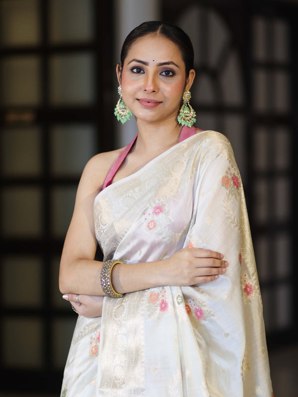 Banarasee Handloom Pure Chiniya Silk Saree With Zari Meena Work-Off White