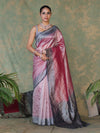Banarasee Handwoven Crushed Tissue Saree With Mirror Work & Contrast Border-Onion Pink