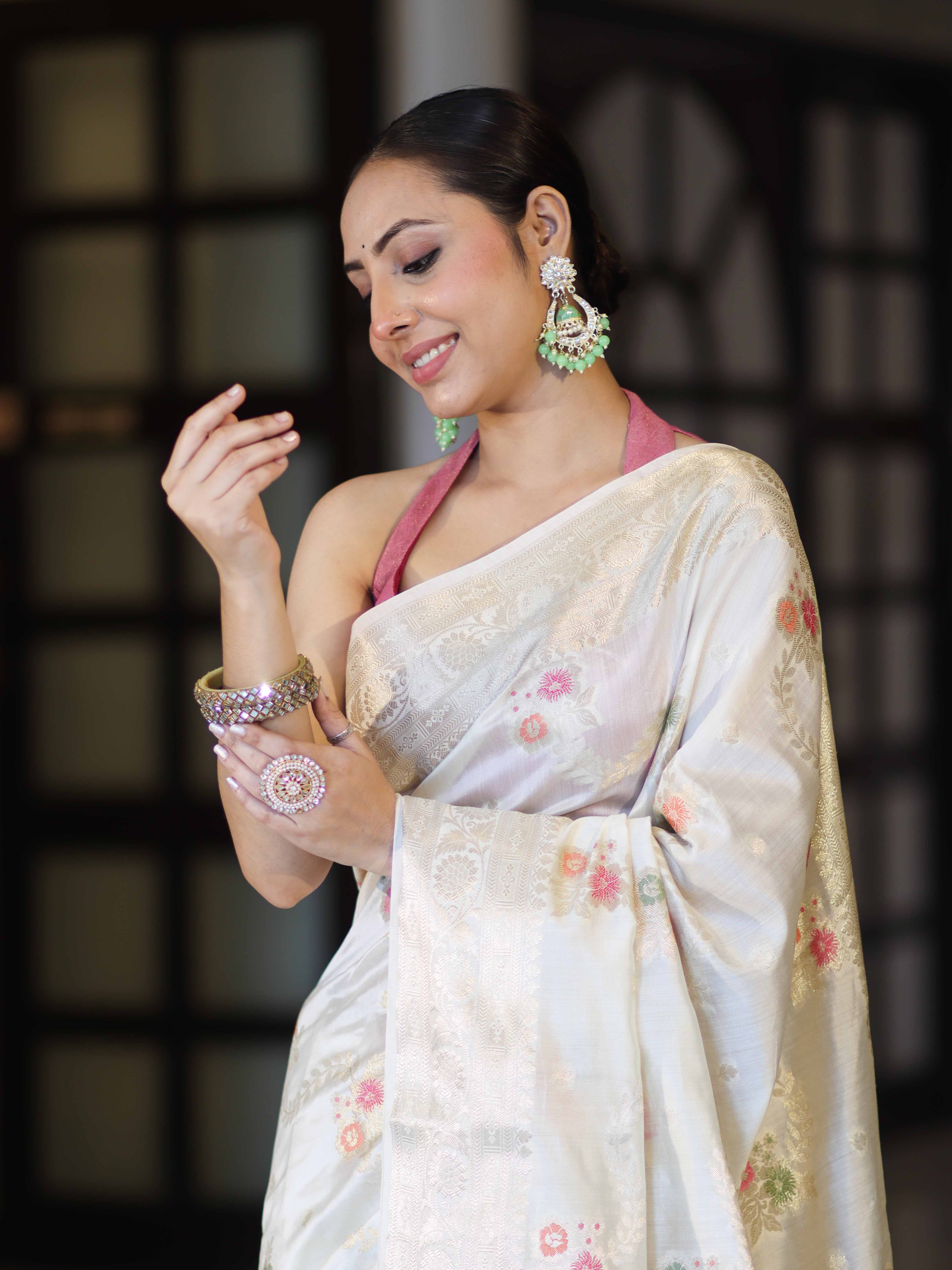 Banarasee Handloom Pure Chiniya Silk Saree With Zari Meena Work-Off White
