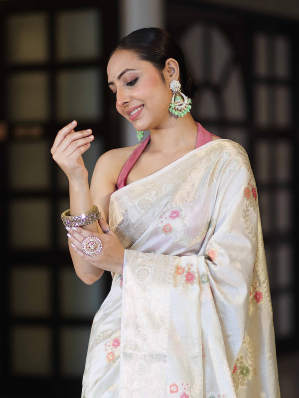 Banarasee Handloom Pure Chiniya Silk Saree With Zari Meena Work-Off White