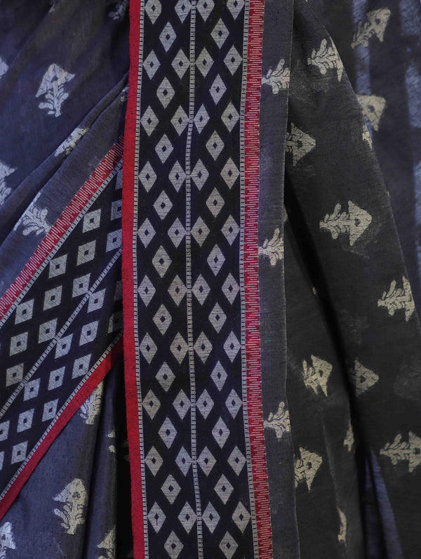 Banarasee Handloom Cotton Silk Saree With Resham Work & Contrast Border-Grey & Black