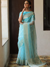 Banarasee Organza Mix Saree With Silver Zari Buta & Border-Light Blue