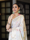 Banarasee Handloom Pure Chiniya Silk Saree With Zari Meena Work-Off White