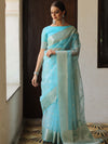 Banarasee Organza Mix Saree With Silver Zari Buta & Border-Light Blue