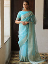 Banarasee Organza Mix Saree With Silver Zari Buta & Border-Light Blue