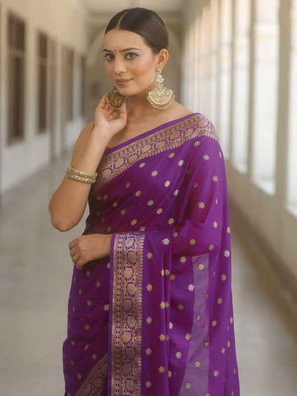 Banarasee Handwoven Semi Silk Saree With Zari Buti Design-Violet
