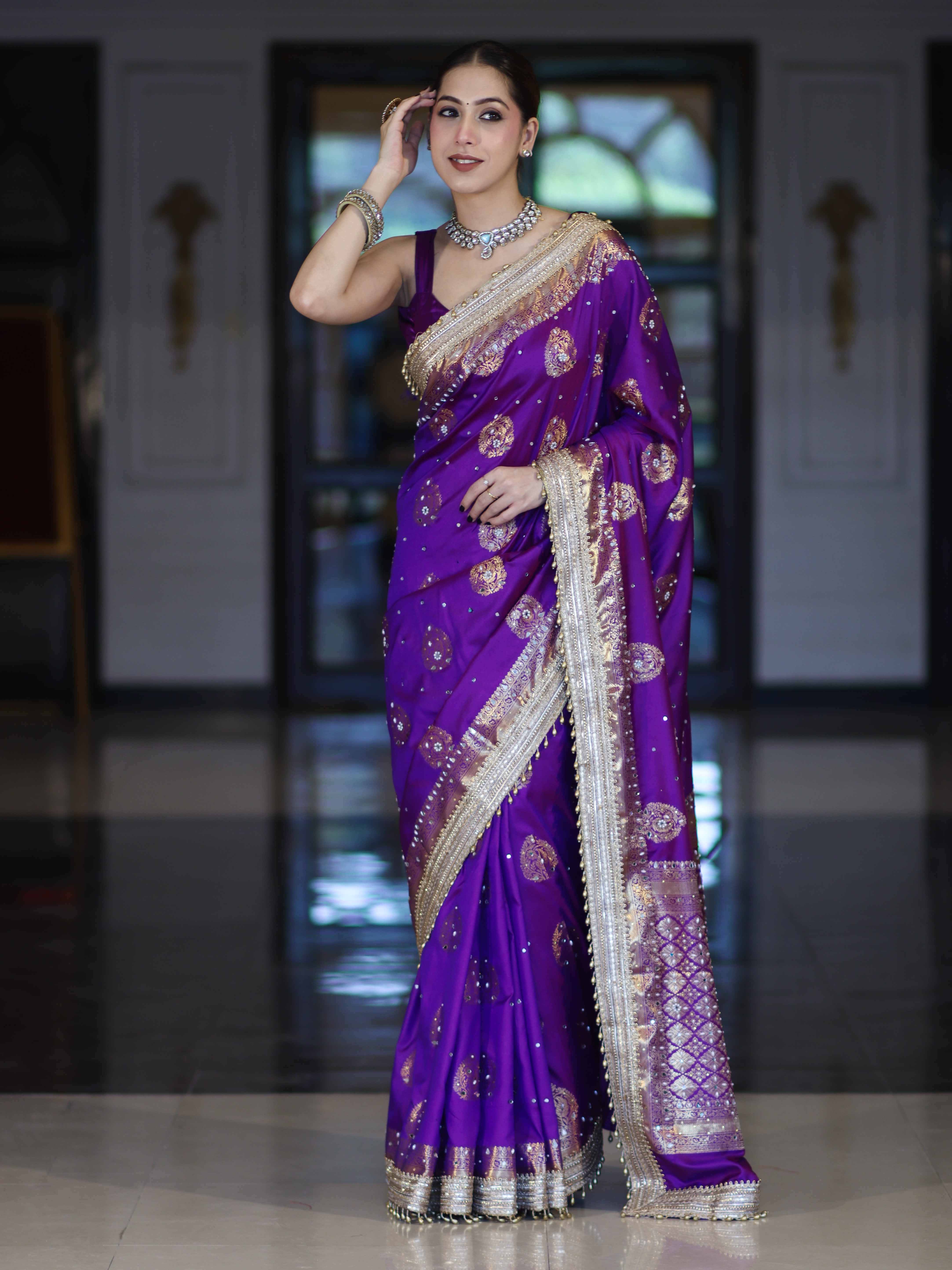 Banarasee Soft Silk Saree With Hand Embroidered Mirror Work Pearl Motifs & Zari Woven Design-Violet