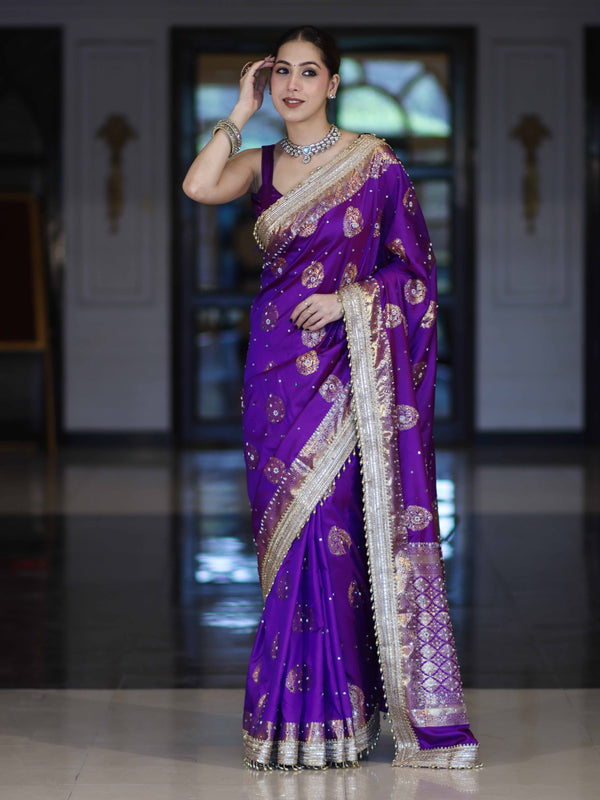 Banarasee Soft Silk Saree With Hand Embroidered Mirror Work Pearl Motifs & Zari Woven Design-Violet