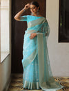 Banarasee Organza Mix Saree With Silver Zari Buta & Border-Light Blue