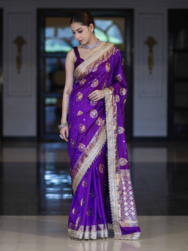 Banarasee Soft Silk Saree With Hand Embroidered Mirror Work Pearl Motifs & Zari Woven Design-Violet