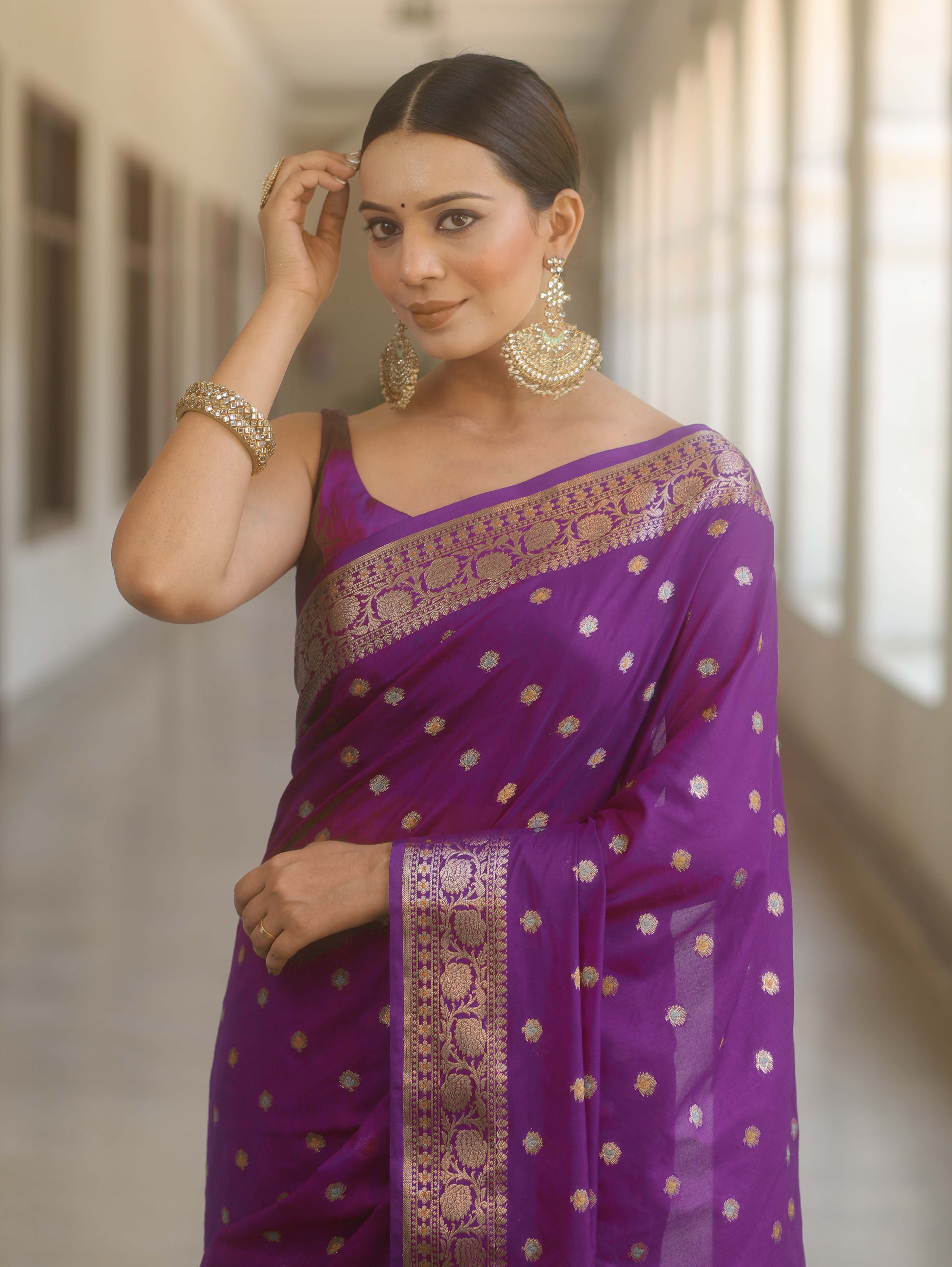 Banarasee Handwoven Semi Silk Saree With Zari Buti Design-Violet