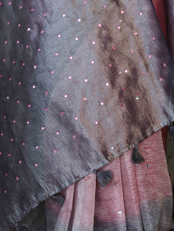 Banarasee Handwoven Crushed Tissue Saree With Mirror Work & Contrast Border-Onion Pink